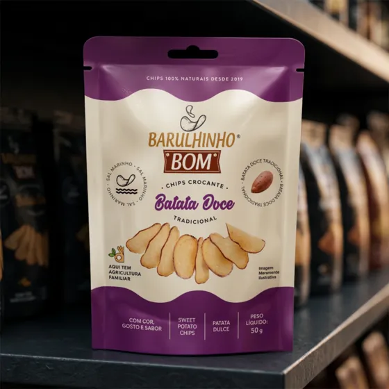 Design de embalagem Barulhinho Bom, chips de banana e batata-doce