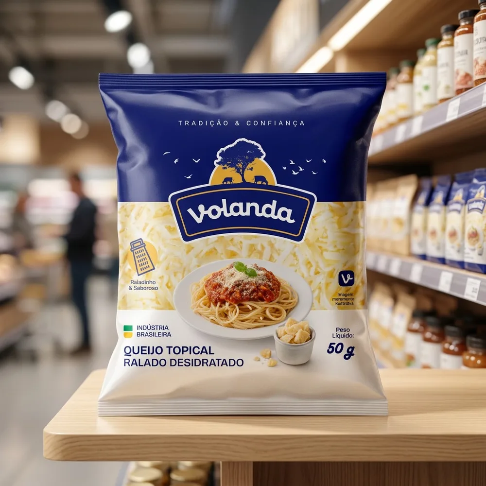 Embalagem de queijo ralado Volanda, em azul e amarelo, desenvolvida pela Klinlev